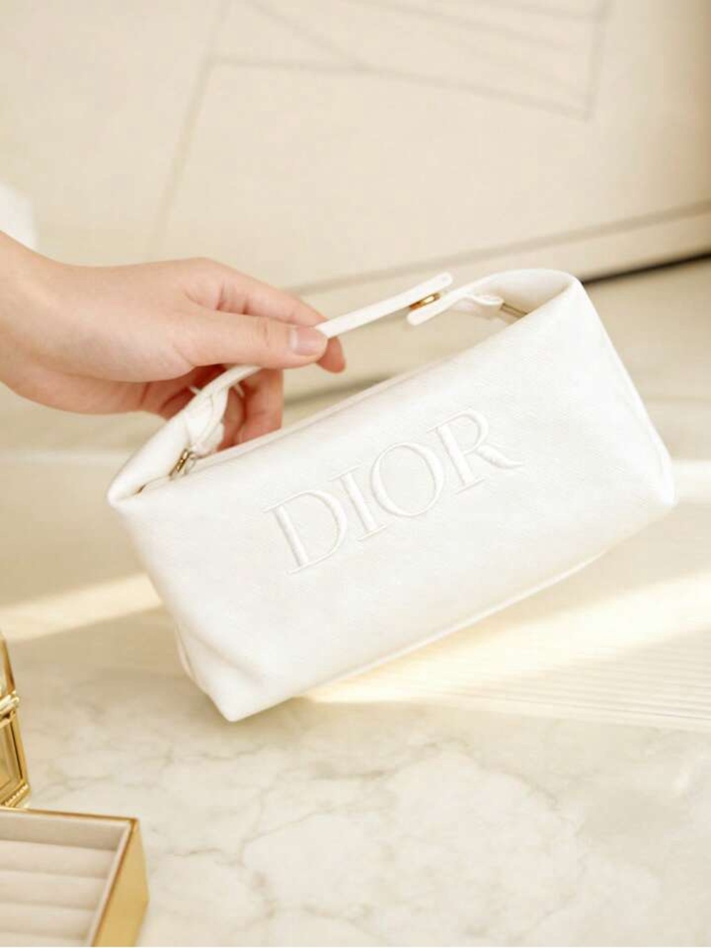 Dior White Embossed Logo Cosmetic Case with Gold Accent